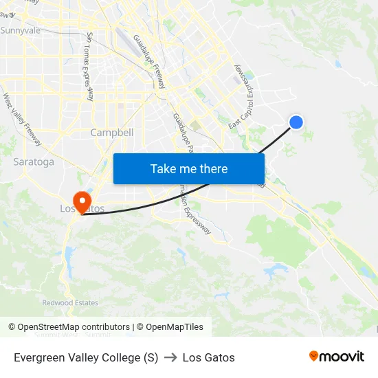 Evergreen Valley College (S) to Los Gatos map