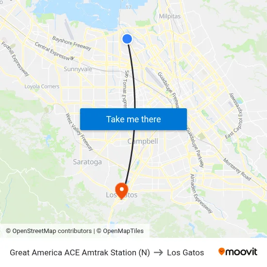 Great America ACE Amtrak Station (N) to Los Gatos map
