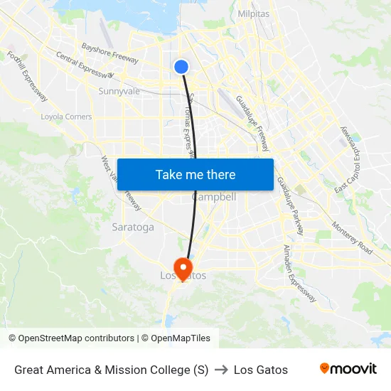 Great America & Mission College (S) to Los Gatos map