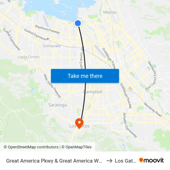 Great America Pkwy & Great America Way (N) to Los Gatos map