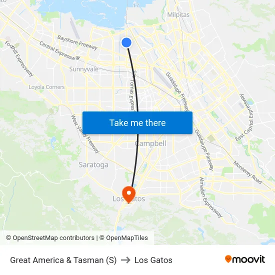 Great America & Tasman (S) to Los Gatos map