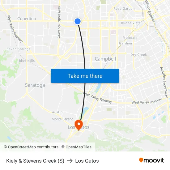 Kiely & Stevens Creek (S) to Los Gatos map