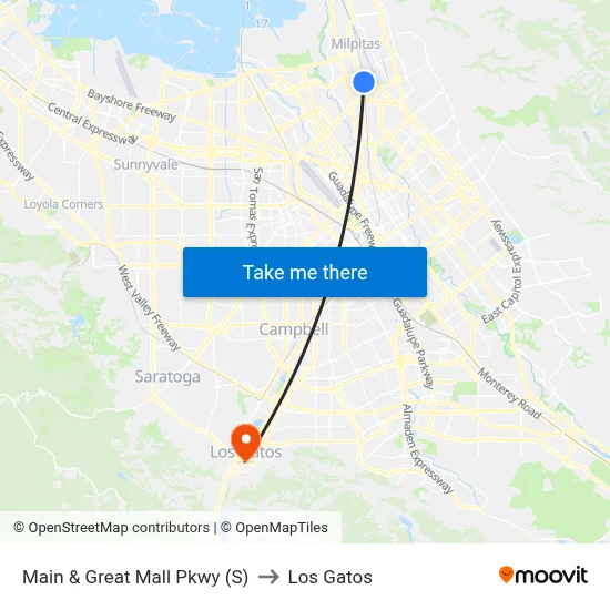 Main & Great Mall Pkwy (S) to Los Gatos map