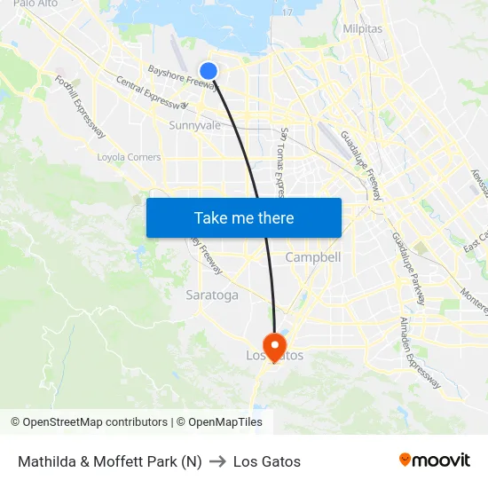 Mathilda & Moffett Park (N) to Los Gatos map