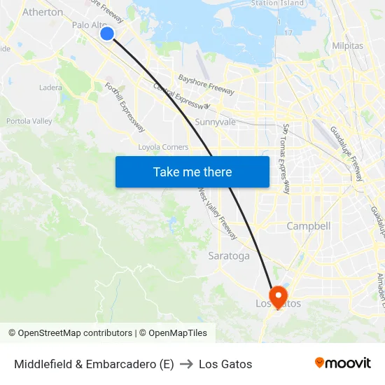 Middlefield & Embarcadero (E) to Los Gatos map
