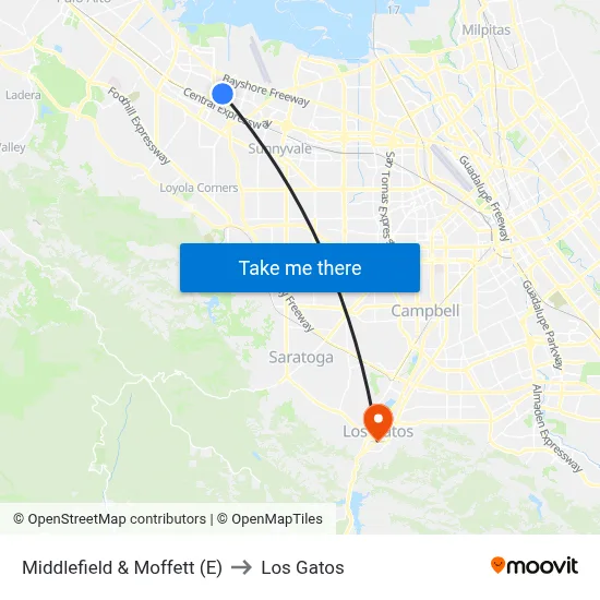 Middlefield & Moffett (E) to Los Gatos map