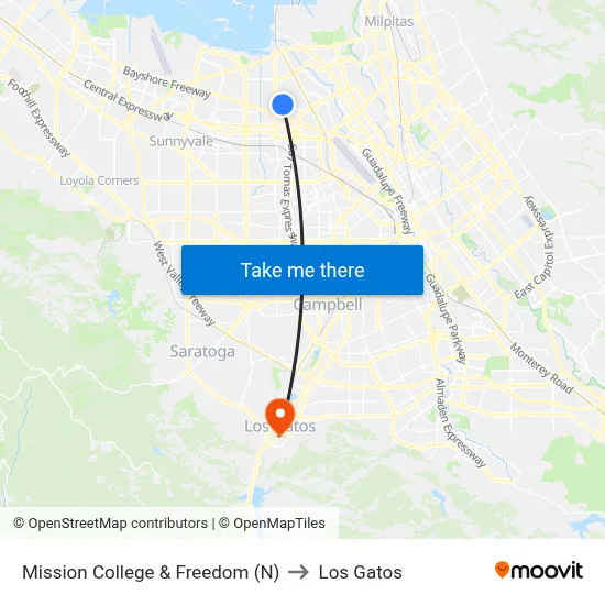 Mission College & Freedom (N) to Los Gatos map