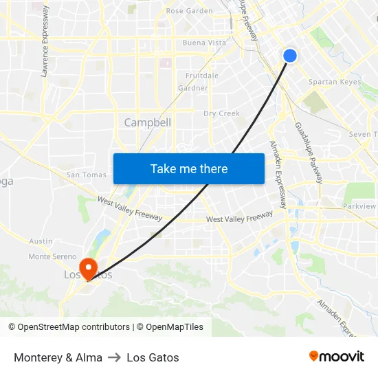 Monterey & Alma to Los Gatos map