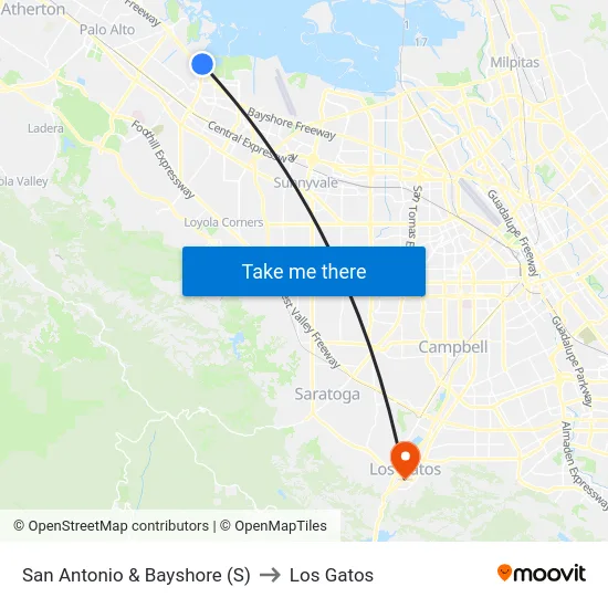 San Antonio & Bayshore (S) to Los Gatos map