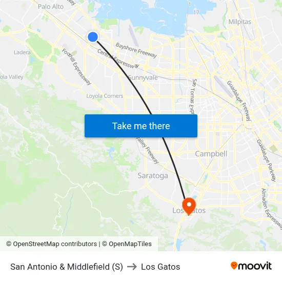 San Antonio & Middlefield (S) to Los Gatos map