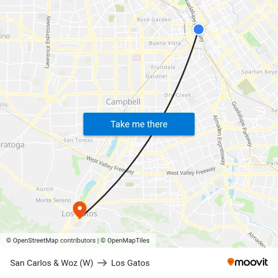 San Carlos & Woz (W) to Los Gatos map