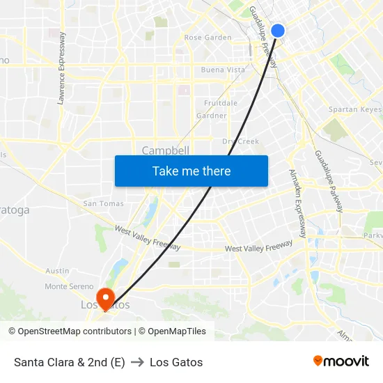 Santa Clara & 2nd (E) to Los Gatos map