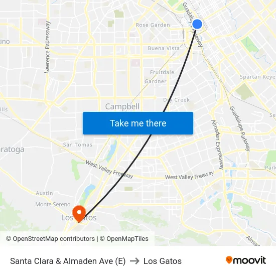 Santa Clara & Almaden Ave (E) to Los Gatos map
