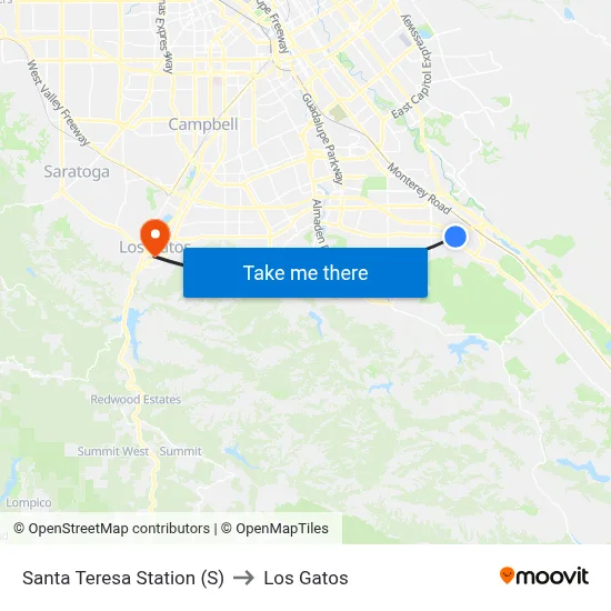 Santa Teresa Station (S) to Los Gatos map
