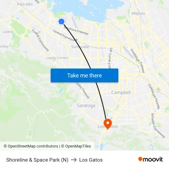 Shoreline & Space Park (N) to Los Gatos map