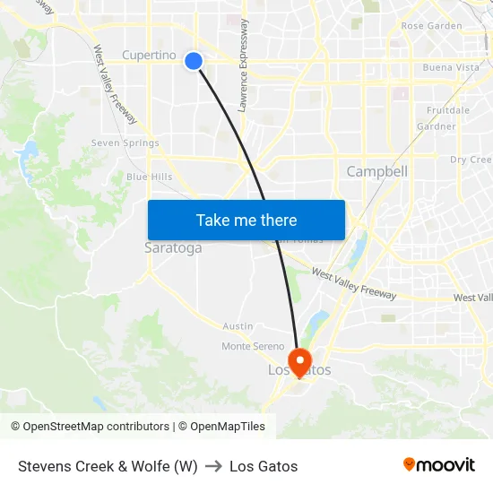 Stevens Creek & Wolfe (W) to Los Gatos map