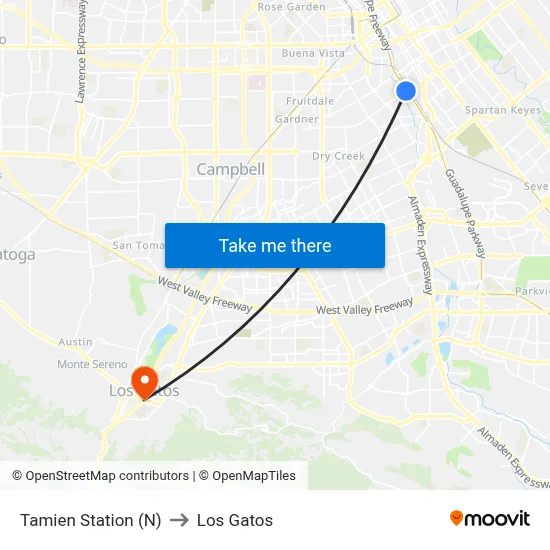 Tamien Station (N) to Los Gatos map