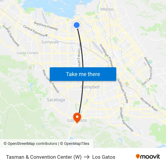 Tasman & Convention Center (W) to Los Gatos map