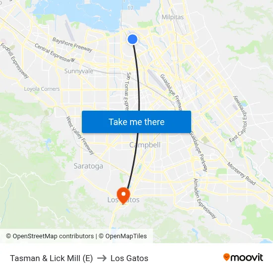 Tasman & Lick Mill (E) to Los Gatos map