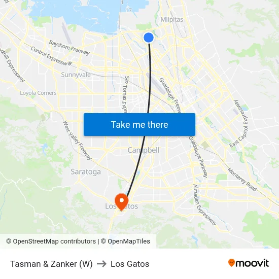 Tasman & Zanker (W) to Los Gatos map