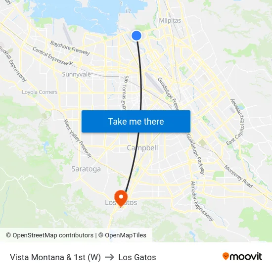 Vista Montana & 1st (W) to Los Gatos map