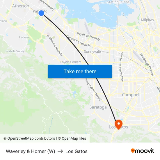 Waverley & Homer (W) to Los Gatos map