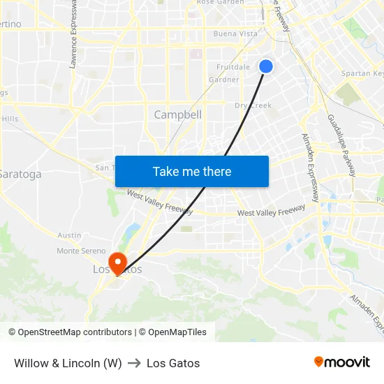 Willow & Lincoln (W) to Los Gatos map