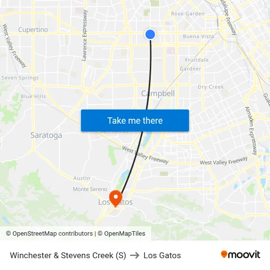 Winchester & Stevens Creek (S) to Los Gatos map
