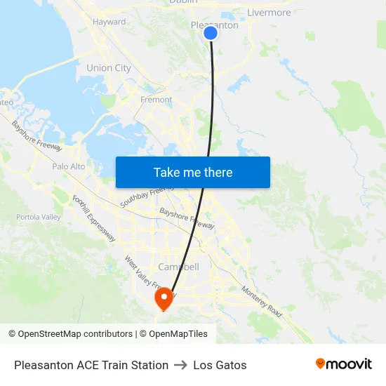Pleasanton ACE Train Station to Los Gatos map