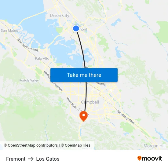 Fremont to Los Gatos map