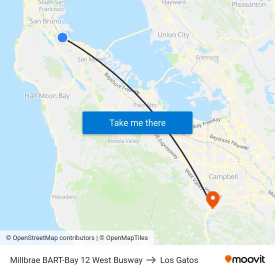Millbrae BART-Bay 12 West Busway to Los Gatos map