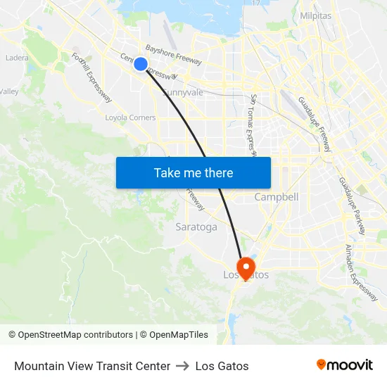 Mountain View Transit Center to Los Gatos map