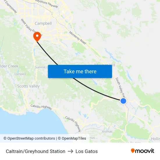 Caltrain/Greyhound Station to Los Gatos map