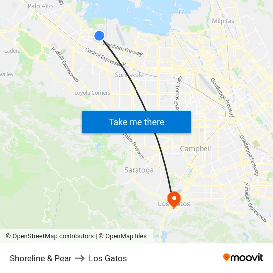 Shoreline & Pear to Los Gatos map