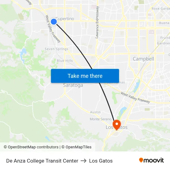 De Anza College Transit Center to Los Gatos map