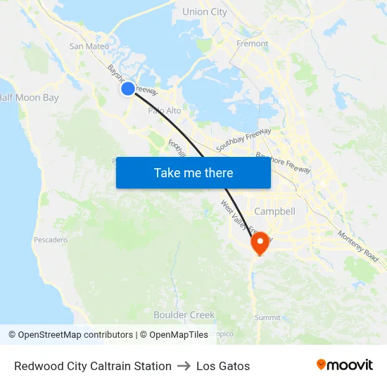 Redwood City Caltrain Station to Los Gatos map