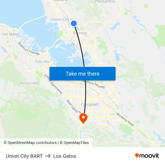 Union City BART to Los Gatos map