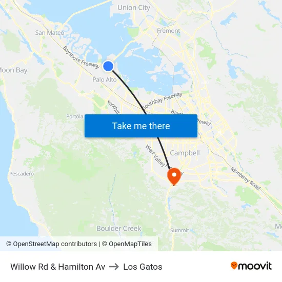 Willow Rd & Hamilton Av to Los Gatos map