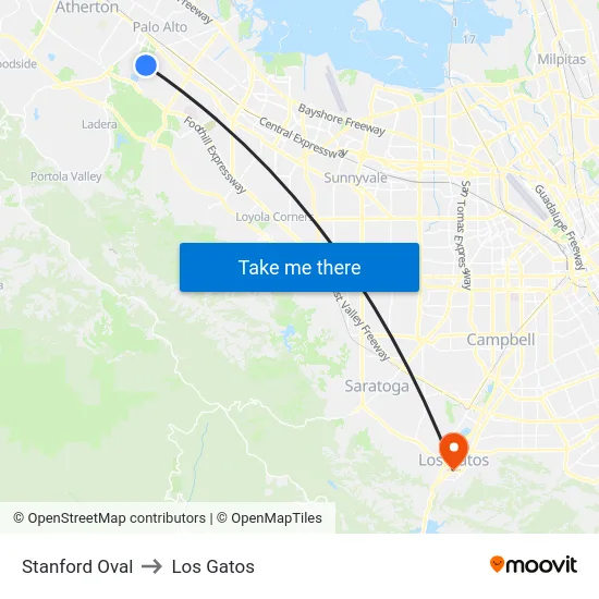 Stanford Oval to Los Gatos map