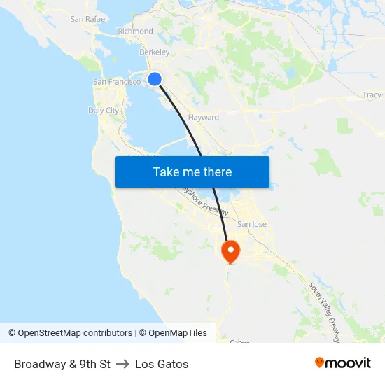 Broadway & 9th St to Los Gatos map