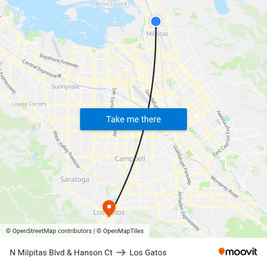 N Milpitas Blvd & Hanson Ct to Los Gatos map
