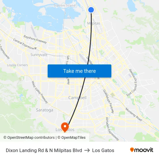 Dixon Landing Rd & N Milpitas Blvd to Los Gatos map
