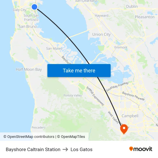 Bayshore Caltrain Station to Los Gatos map