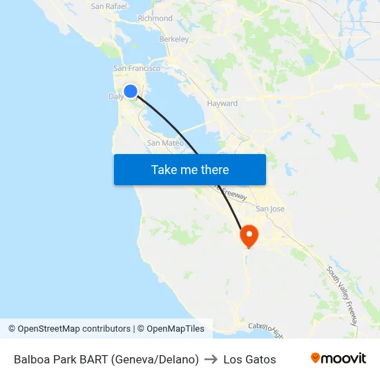 Balboa Park BART (Geneva/Delano) to Los Gatos map
