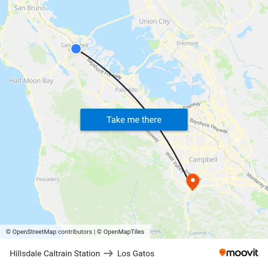 Hillsdale Caltrain Station to Los Gatos map