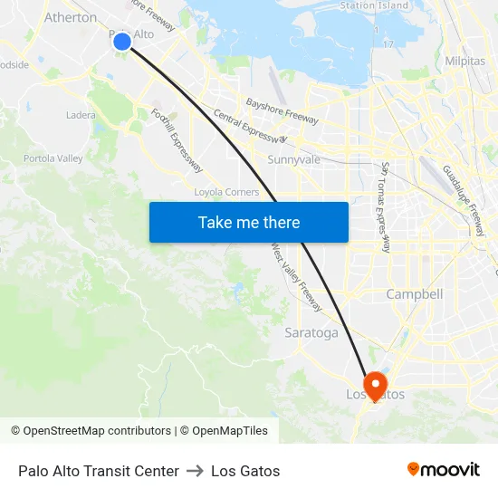 Palo Alto Transit Center to Los Gatos map