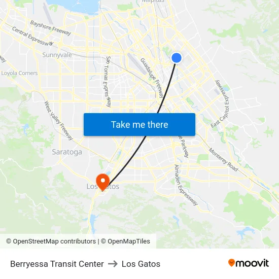 Berryessa Transit Center to Los Gatos map