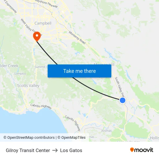 Gilroy Transit Center to Los Gatos map