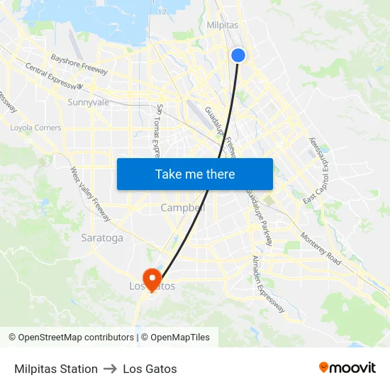 Milpitas Station to Los Gatos map