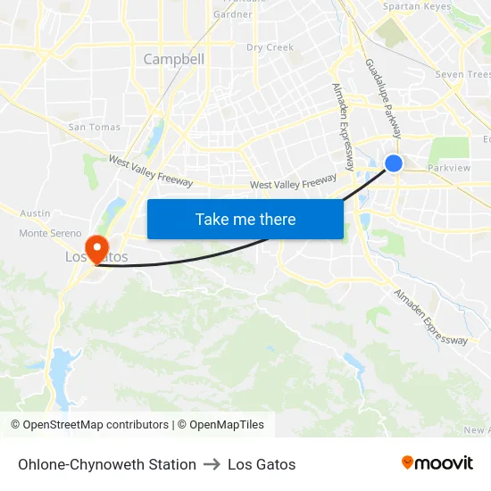 Ohlone-Chynoweth Station to Los Gatos map